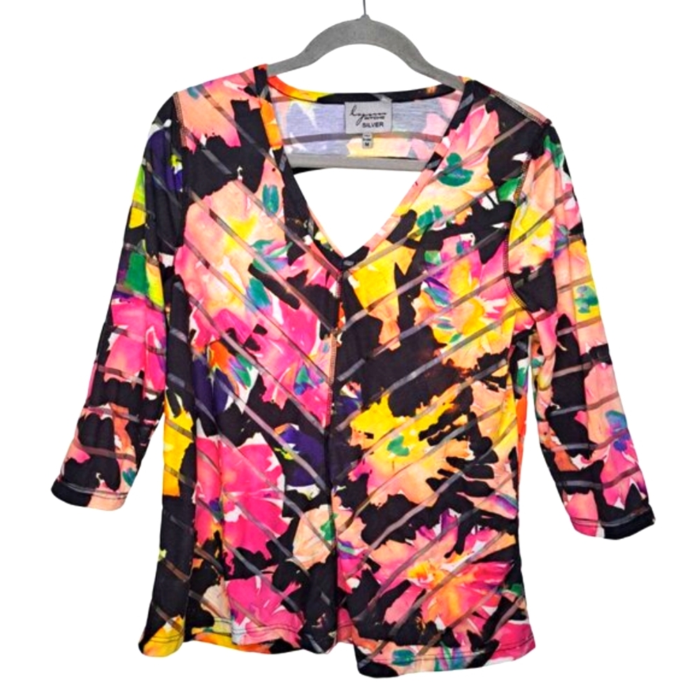 Lynn Ritchie Silver Black Floral Chevron Sheer 3/4 Sleeve Top Size Medium